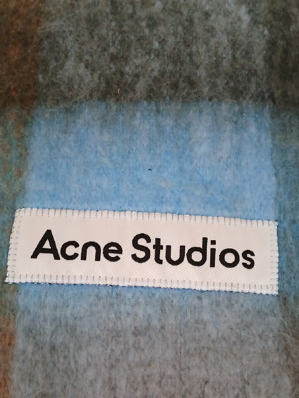 Acne Oversized Multicolor Plaid Fringe Scarf in Blue, Brown, Cream - Picture 3 of 6